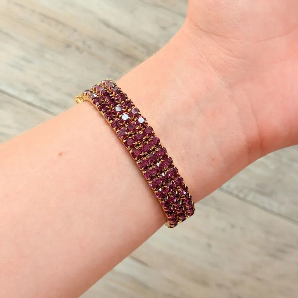 Vintage Vernier Purple Rhinestone Gold Bracelet Watch Y2K Glam Crystal Jewelry